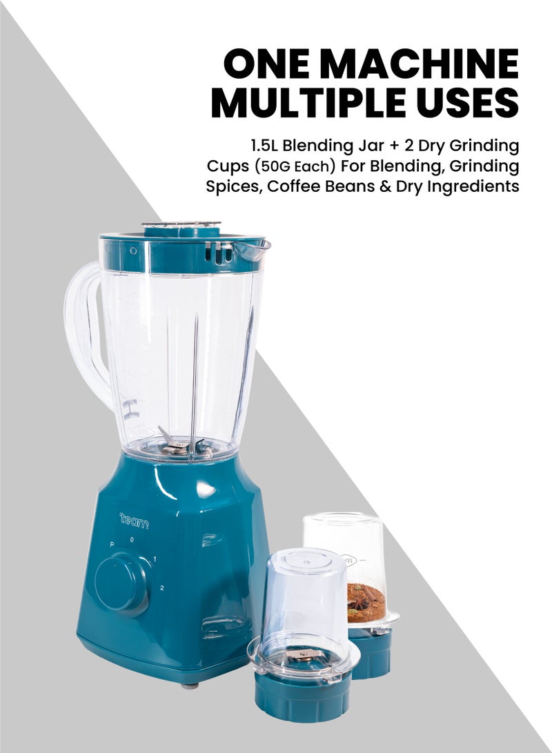 تيم Team 3‑in‑1 Blender Grinder Juicer Machine 350W, 1.5L Unbreakable Jar, Dry Mill & Grinding Cups, Stainless Steel Blades, 2 Speed with Pulse, Multi‑Purpose Mixer Blender for Kitchen - Image 3